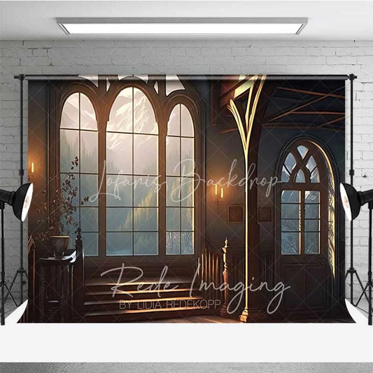 Lofaris Vintage Gothic Window View Photography Backdrop Mountain Landscape Old Room Background Fantasy Architecture Photo Prop