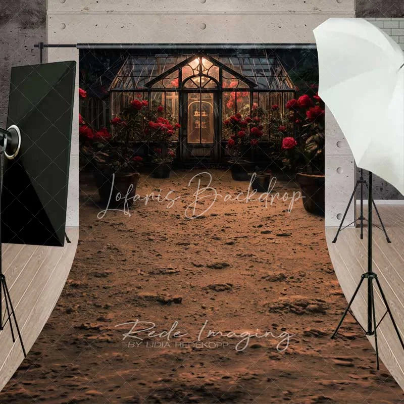 Lofaris Vintage Greenhouse Rose Sweep Photo Backdrop Rainy Garden Glass House Floral Background Romantic Valentine Floor Prop