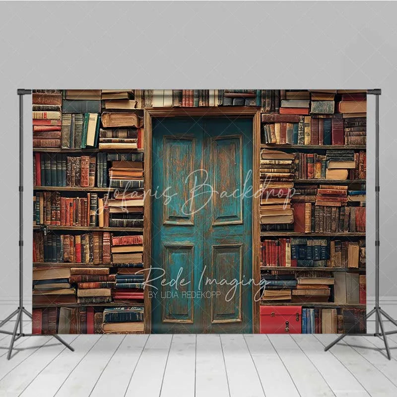 Lofaris Vintage Library Book Backdrop Old Study Room Blue Door Photography Background Antique Bookshelf Photo Booth Prop