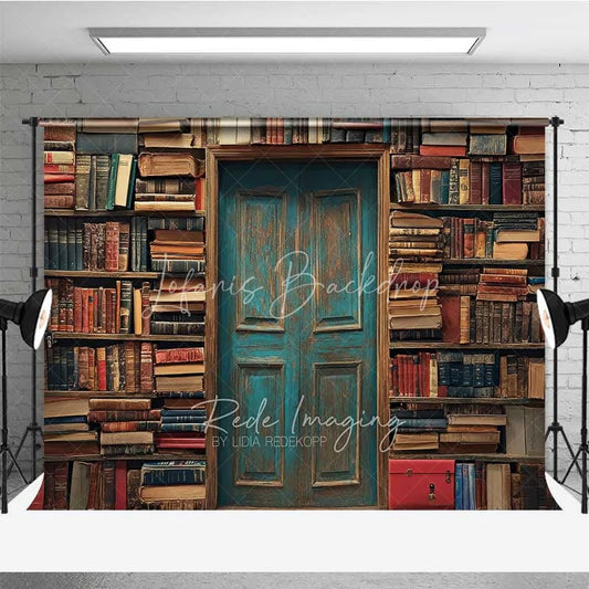 Lofaris Vintage Library Book Backdrop Old Study Room Blue Door Photography Background Antique Bookshelf Photo Booth Prop