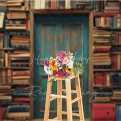 Lofaris Vintage Library Book Backdrop Old Study Room Blue Door Photography Background Antique Bookshelf Photo Booth Prop