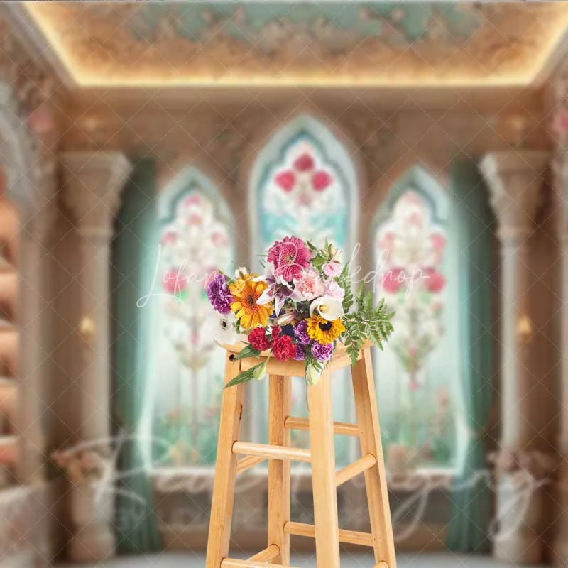 Lofaris Vintage Library Photography Backdrop Floral Stained Glass Window Bookshelves Background Fantasy Study Room Prop