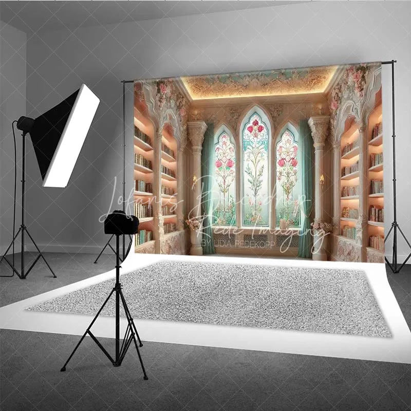 Lofaris Vintage Library Photography Backdrop Floral Stained Glass Window Bookshelves Background Fantasy Study Room Prop