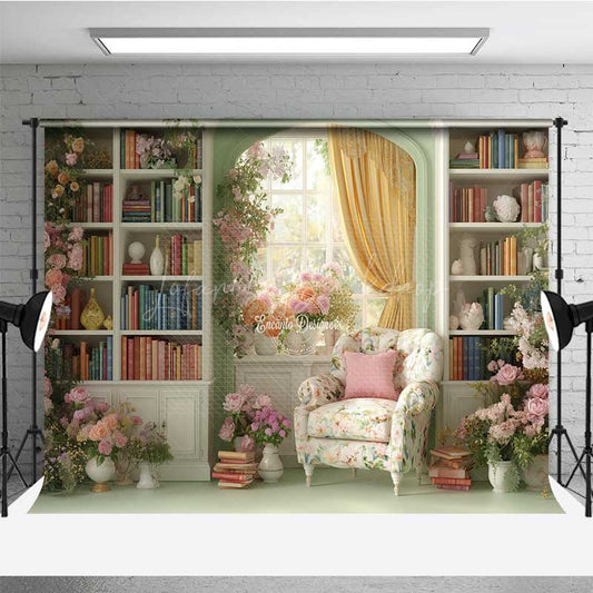 Lofaris Vintage Library Wedding Photography Backdrop Romantic Bookshelf with Flowers Light Academia Themed Photo Prop