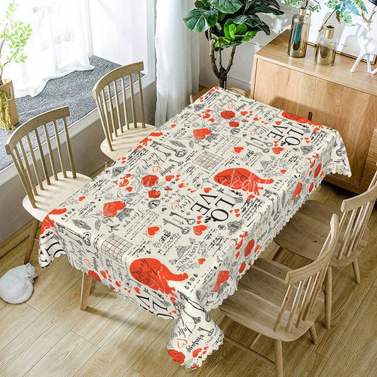 Lofaris Vintage Love Text and Heart Rectangle Tablecloth Red Anatomical Print Romantic Dining Decor