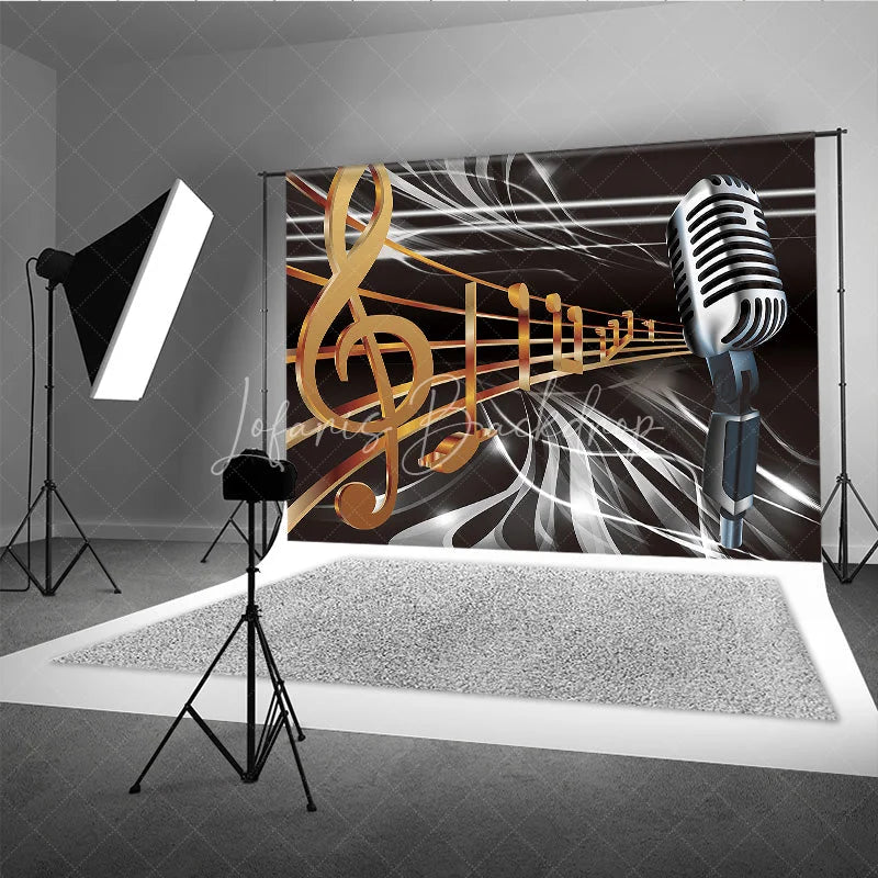 Lofaris Vintage Microphone Backdrop Music Theme Golden Notes Party Supplies for Singing Stage