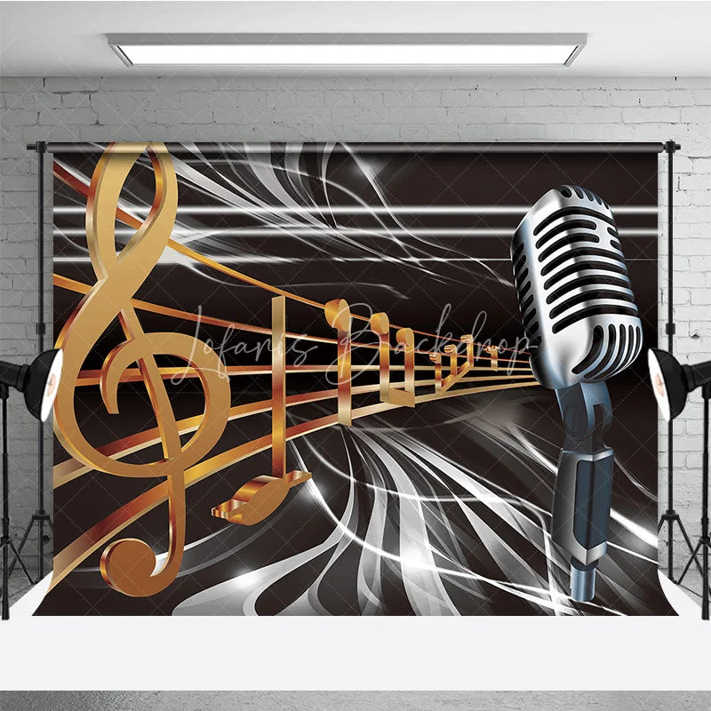Lofaris Vintage Microphone Backdrop Music Theme Golden Notes Party Supplies for Singing Stage