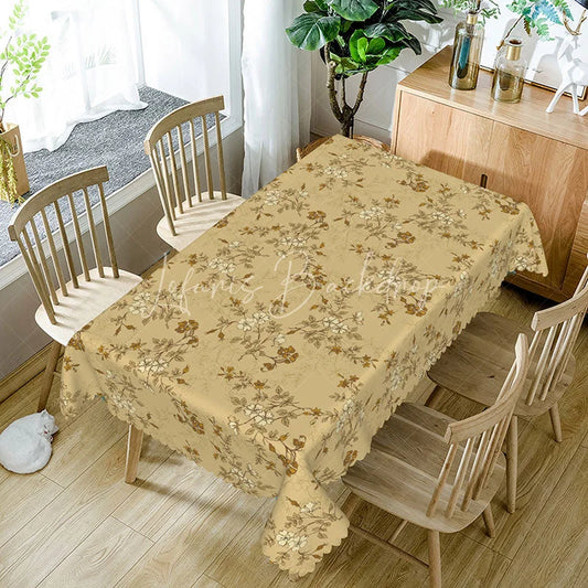 Lofaris Vintage Mustard Yellow Floral Rectangle Tablecloth White Sketch Flower Branch Pattern Cover Rustic Autumn Decor