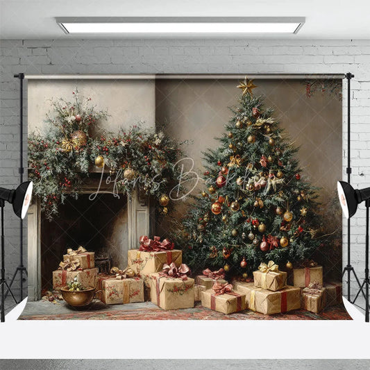 Lofaris Vintage Oil Painting Christmas Backdrop Classic Tree Gift Box Background Antique Fireplace Holiday Portrait Prop
