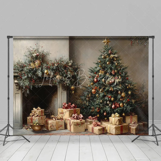 Lofaris Vintage Oil Painting Christmas Backdrop Classic Tree Gift Box Background Antique Fireplace Holiday Portrait Prop
