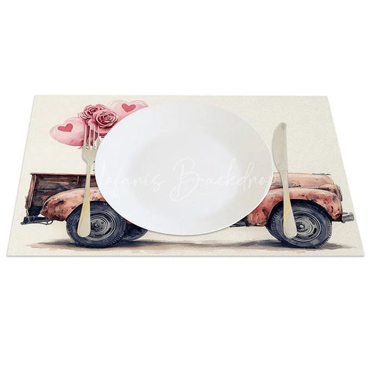 Lofaris Vintage Orange Truck Heart Balloon Set of 4 Placemats Romantic Rose Decoration Rustic Valentine Table Mat