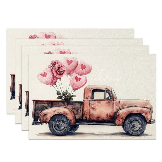 Lofaris Vintage Orange Truck Heart Balloon Set of 4 Placemats Romantic Rose Decoration Rustic Valentine Table Mat