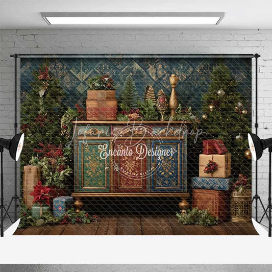 Lofaris Vintage Painted Cabinet Christmas Backdrop Colorful Gift Box Tree Photography Background