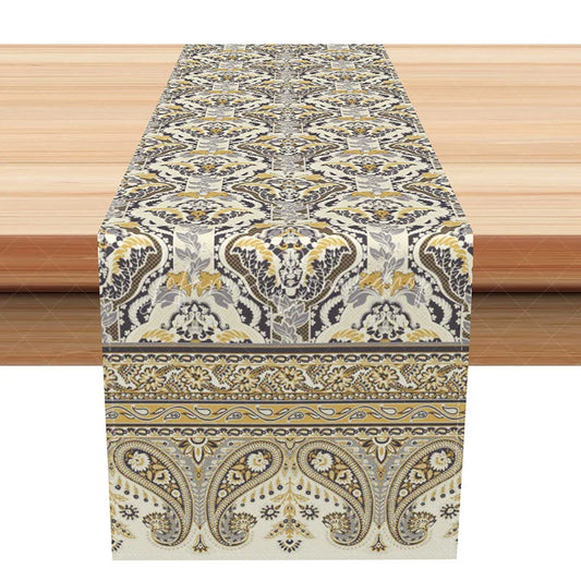 Lofaris Vintage Paisley Damask Table Runner Grey and Yellow Ethnic Pattern Farmhouse Dining Decor