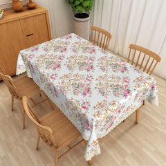 Lofaris Vintage Pink Rose Floral Rectangle Tablecloth Gold Scroll Dining Table Cover for Wedding