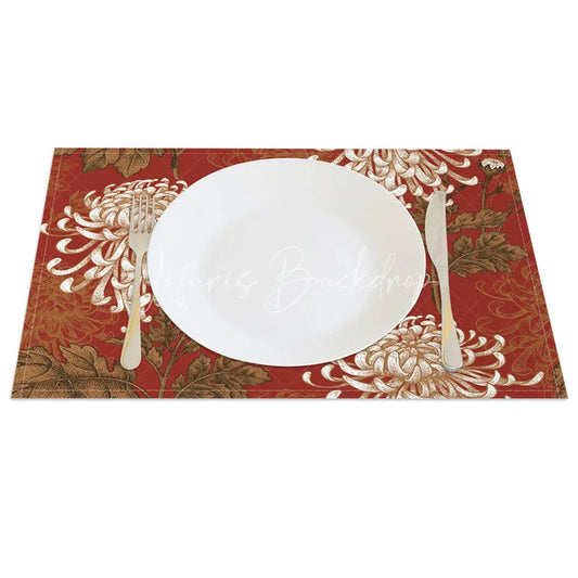 Lofaris Vintage Red Flower and Leaf Pattern Set of 4 Placemats for Retro Farmhouse Christmas Decor