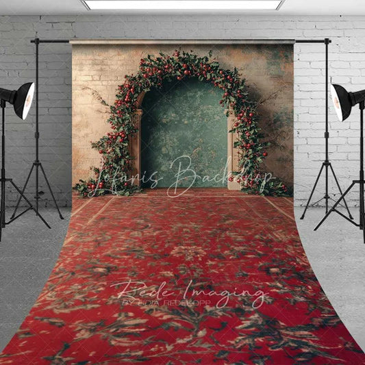 Lofaris Vintage Red Rug Christmas Sweep Backdrop Berry Garland Arch Grunge Wall Floor Photo Background