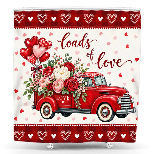 Lofaris Vintage Red Truck with Floral Bouquet and Heart Balloons Shower Curtain Loads of Love Valentine’s Day Decor