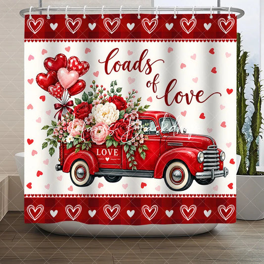 Lofaris Vintage Red Truck with Floral Bouquet and Heart Balloons Shower Curtain Loads of Love Valentine’s Day Decor