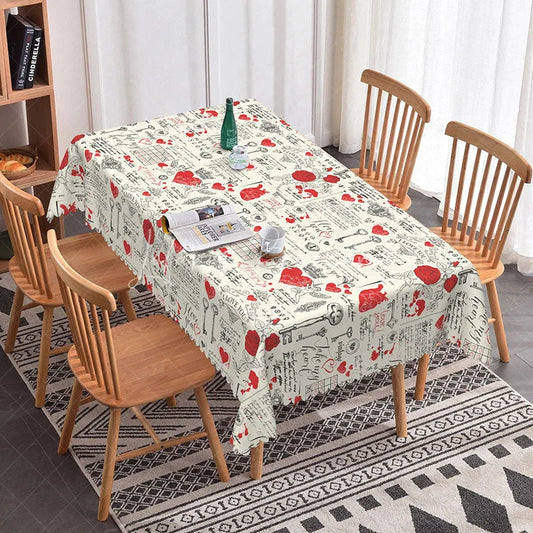 Lofaris Vintage Script Love Letter Rectangle Tablecloth Red Heart and Key Collage Romantic Valentine Decor