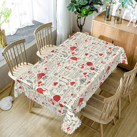 Lofaris Vintage Script Love Letter Rectangle Tablecloth Red Heart and Key Collage Romantic Valentine Decor