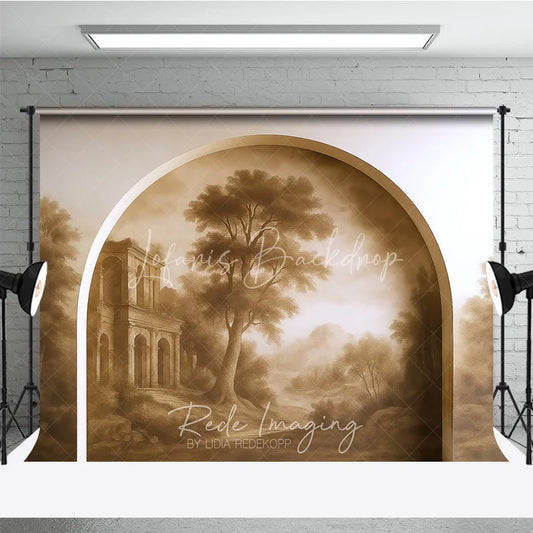 Lofaris Vintage Sepia Landscape Photography Backdrop with Arched Frame Classical Ruins and Misty Trees for Studio Portraits