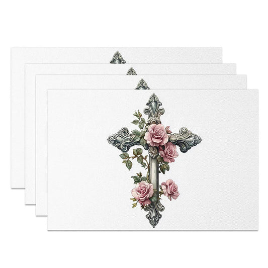 Lofaris Vintage Silver Cross Set of 4 Placemats Pink Rose Floral Religious Table Mats Baptism Christening Dining Decor