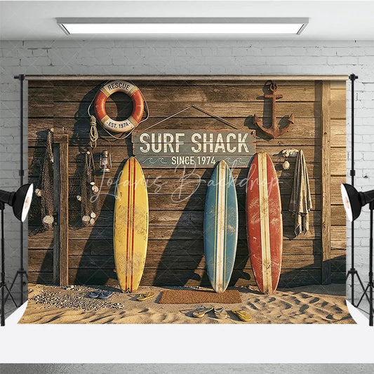 Lofaris Vintage Surf Shack Photography Backdrop with Wooden Wall Surfboards and Beach Sand for Summer Party