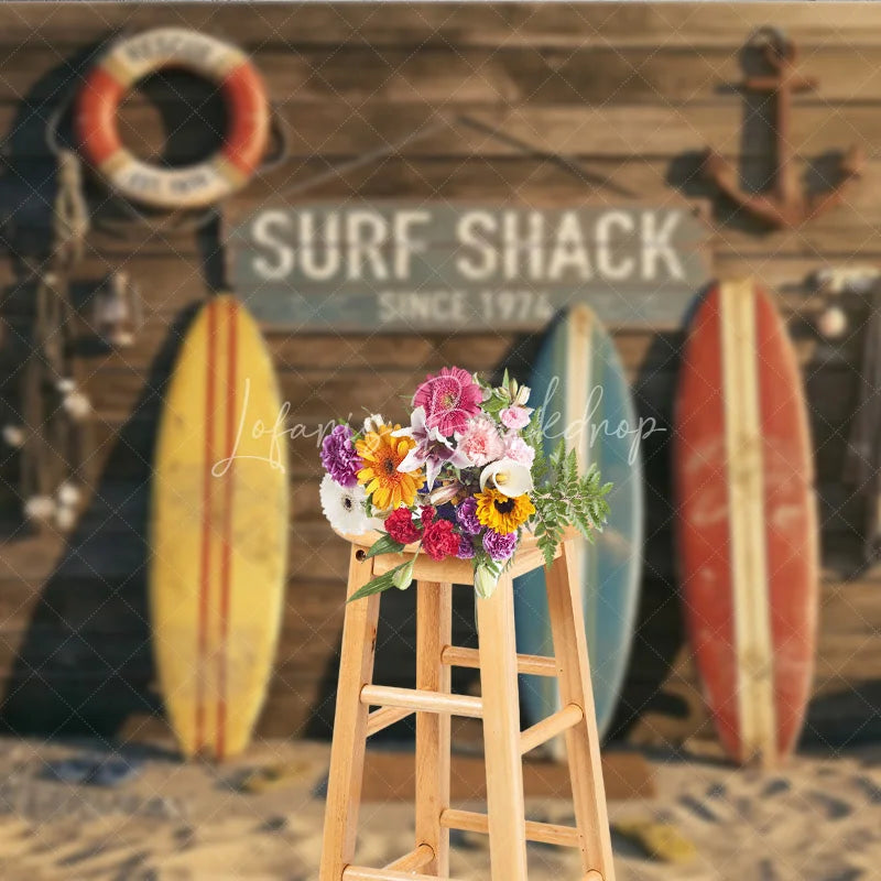 Lofaris Vintage Surf Shack Photography Backdrop with Wooden Wall Surfboards and Beach Sand for Summer Party