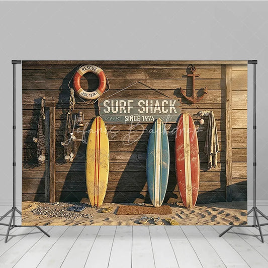 Lofaris Vintage Surf Shack Photography Backdrop with Wooden Wall Surfboards and Beach Sand for Summer Party
