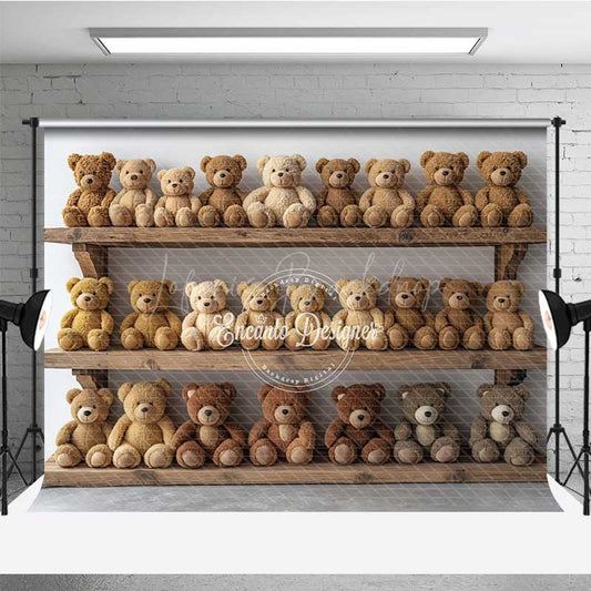 Lofaris Vintage Teddy Bear Cake Smash Photography Backdrop Rustic Toy Room with Shelves First Birthday Photo Prop Decor
