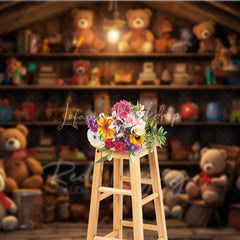 Lofaris Vintage Toy Shop Birthday Cake Smash Backdrop Rustic Wooden Shelves Teddy Bear Background Kids Photography