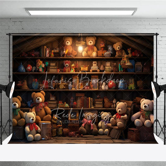 Lofaris Vintage Toy Shop Birthday Cake Smash Backdrop Rustic Wooden Shelves Teddy Bear Background Kids Photography