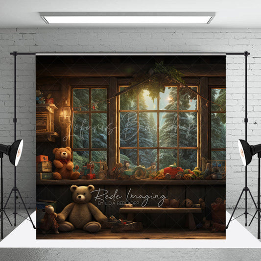 Lofaris Vintage Toy Workshop Cake Smash Backdrop Kids Christmas Room with Teddy Bear Rustic Holiday Photography Prop