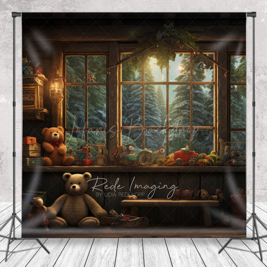 Lofaris Vintage Toy Workshop Cake Smash Backdrop Kids Christmas Room with Teddy Bear Rustic Holiday Photography Prop