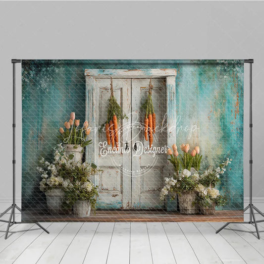 Lofaris Vintage White Door Easter Photography Backdrop Hanging Carrots and Potted Spring Tulips Studio Background