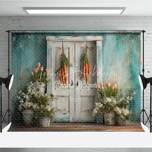 Lofaris Vintage White Door Easter Photography Backdrop Hanging Carrots and Potted Spring Tulips Studio Background