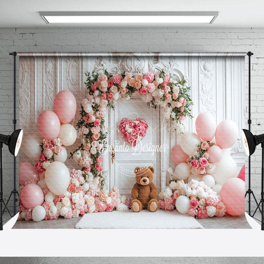 Lofaris Vintage White Wall Pink Floral Balloon Bear Backdrop