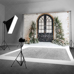 Lofaris Vintage Winter Door Backdrop Black Arched Grid Window Snowy Greenery White Brick Wall Photo Background