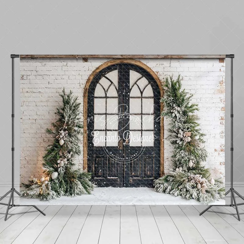Lofaris Vintage Winter Door Backdrop Black Arched Grid Window Snowy Greenery White Brick Wall Photo Background