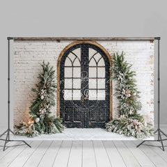 Lofaris Vintage Winter Door Backdrop Black Arched Grid Window Snowy Greenery White Brick Wall Photo Background