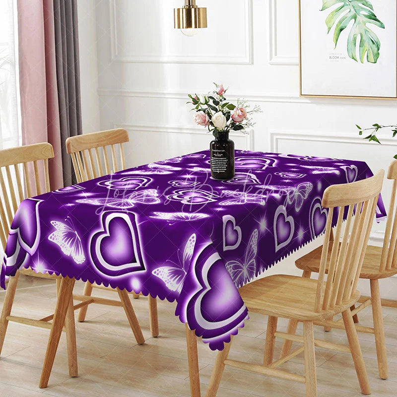 Lofaris Violet Purple Glowing Heart Butterfly Rectangle Tablecloth Magic Neon Sparkle Pattern Fantasy Valentine Decor