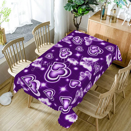Lofaris Violet Purple Glowing Heart Butterfly Rectangle Tablecloth Magic Neon Sparkle Pattern Fantasy Valentine Decor