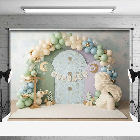 Lofaris Virgo Zodiac Cake Smash Backdrop Goddess Statue and Pastel Balloons Party Background