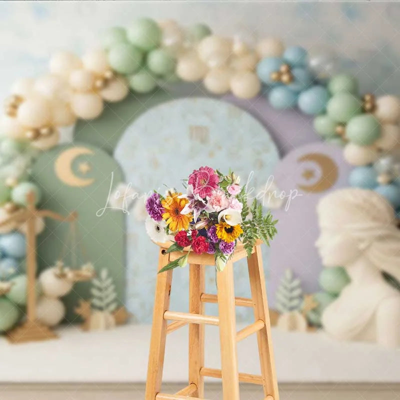 Lofaris Virgo Zodiac Cake Smash Backdrop Goddess Statue and Pastel Balloons Party Background