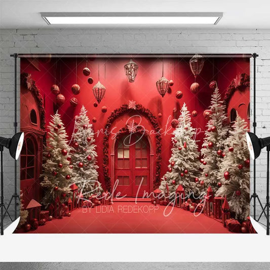 Lofaris Vivid Red Christmas Room Backdrop White Flocked Trees Ornaments Arched Door Photo Background