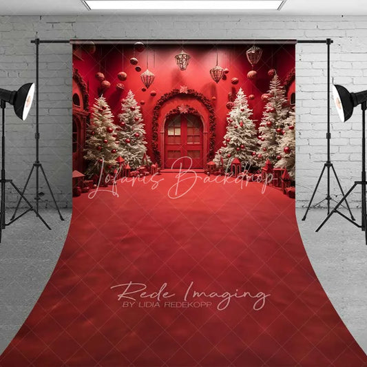Lofaris Vivid Red Christmas Room Sweep Backdrop White Flocked Trees Arched Door Floor Photo Background