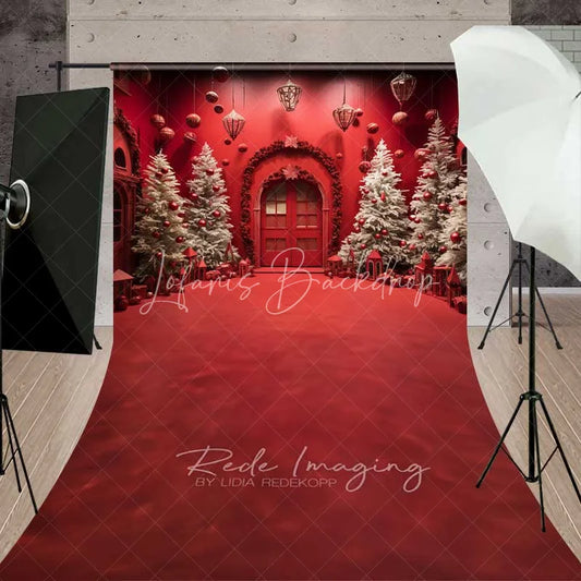 Lofaris Vivid Red Christmas Room Sweep Backdrop White Flocked Trees Arched Door Floor Photo Background