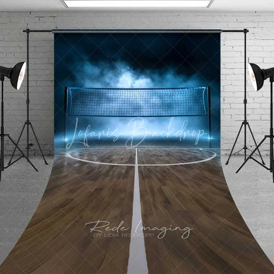 Lofaris Volleyball Court Net Sweep Photography Backdrop Blue Foggy Gym Wood Floor Sports Photo Background