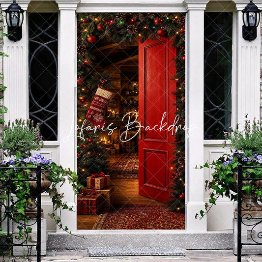 Lofaris Warm and Inviting Red Christmas Door Cover with Festive Garland Pinecones Cozy Holiday Interior Scene